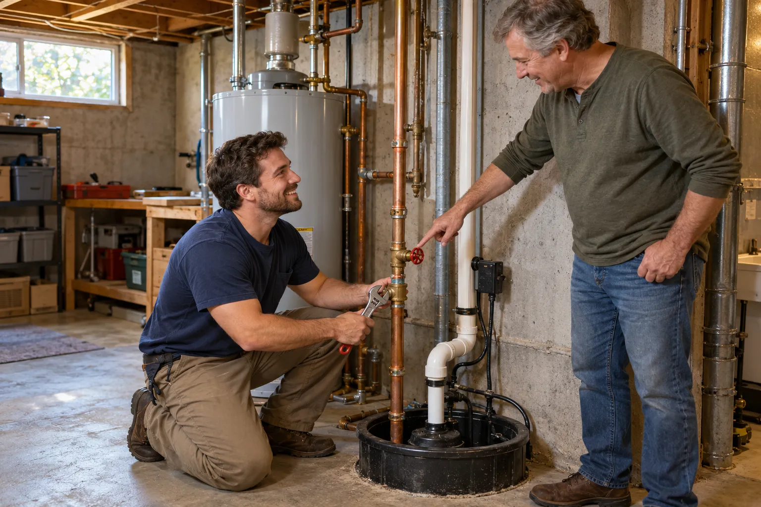 A friendly plumber helping a homeowner near a basement water shutoff valve in the North Prairie area