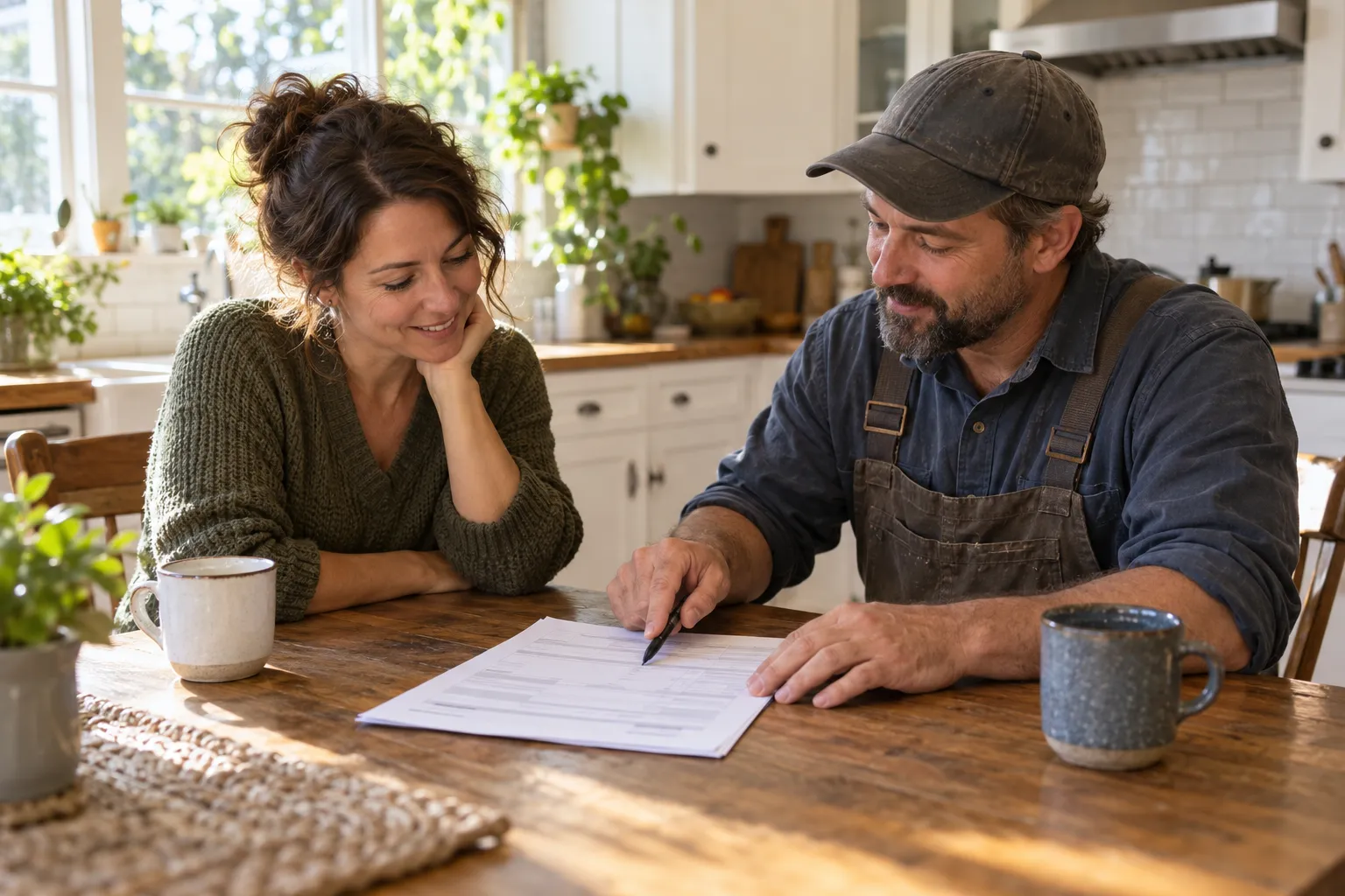 Homeowner reviewing a plumbing estimate at a kitchen table in the North Prairie area